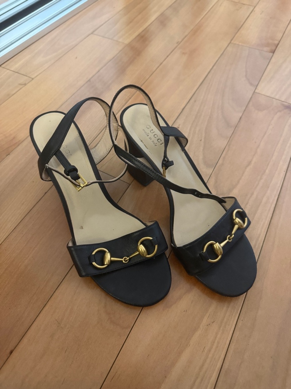 Gucci Black Leather Horsebit Slingback Heels with Gold Hardware